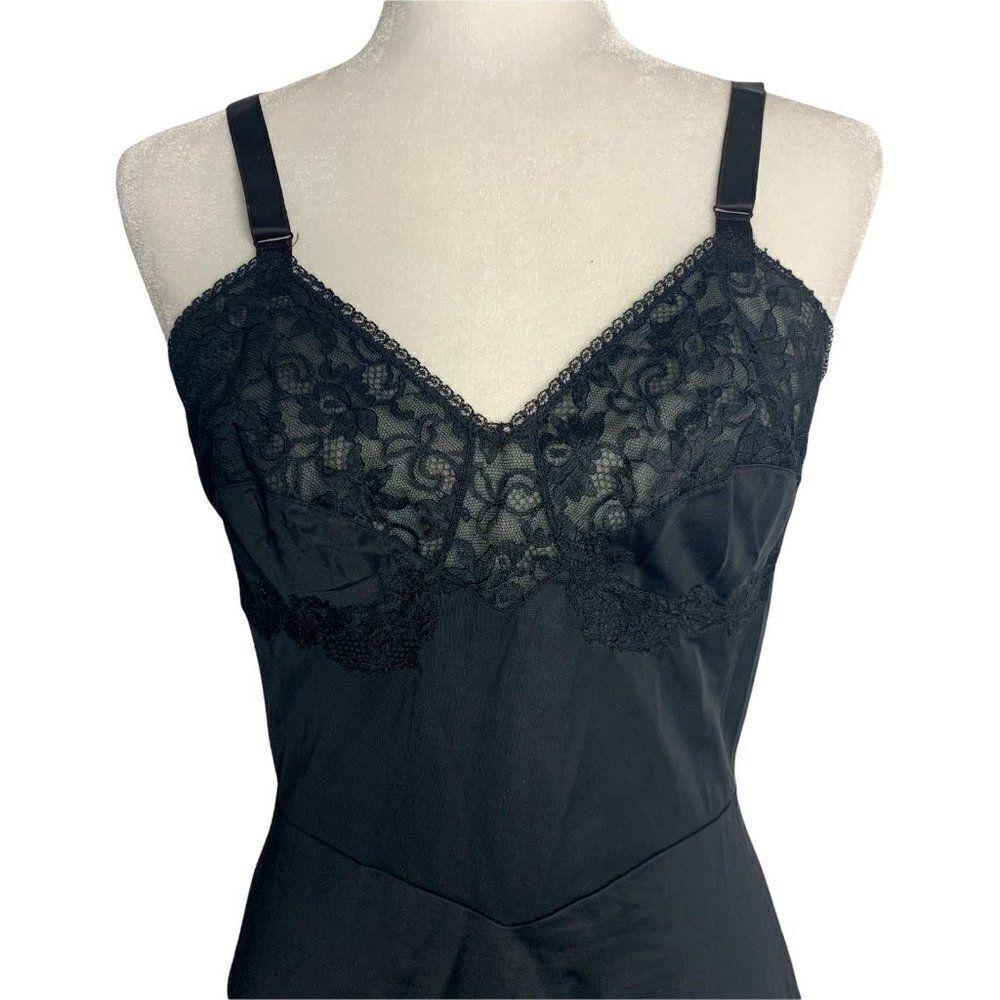 Vintage 50s Lingerie Nylon Slip S Black Lace Sweetheart Midi Length